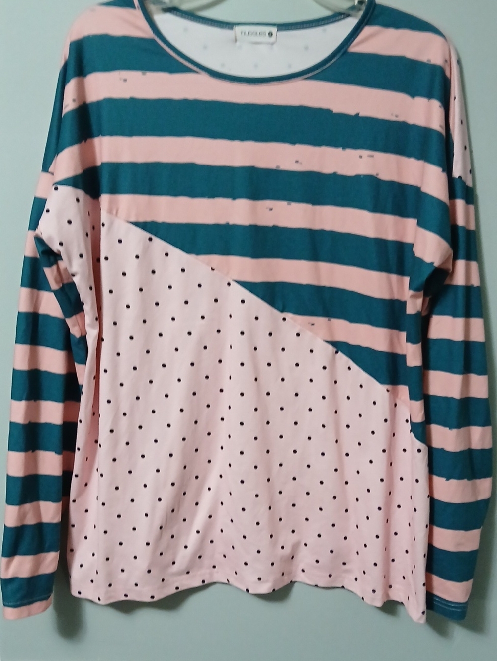 NUGGLES Striped & Polka Dot Long Sleeve Top - Pink Teal, Casual Everyday